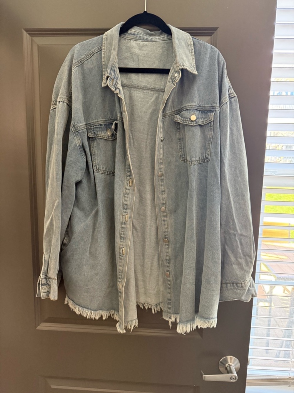 Light Wash Oversized Denim Shacket with Frayed Hem